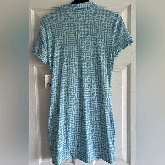 NWT 60’s Retro Style SO Checkered Aqua Periwinkle Shirred Polo Mini Dress - Picture 3 of 6